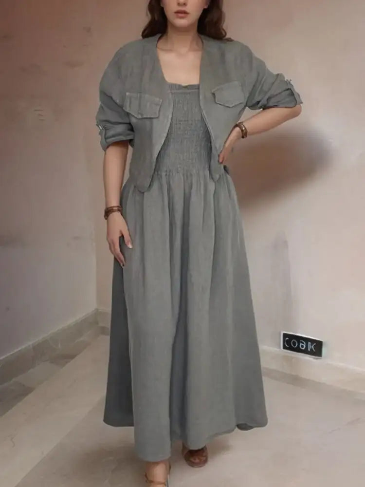 Full Size Smocked Cami Dress and Jacket Set Plus