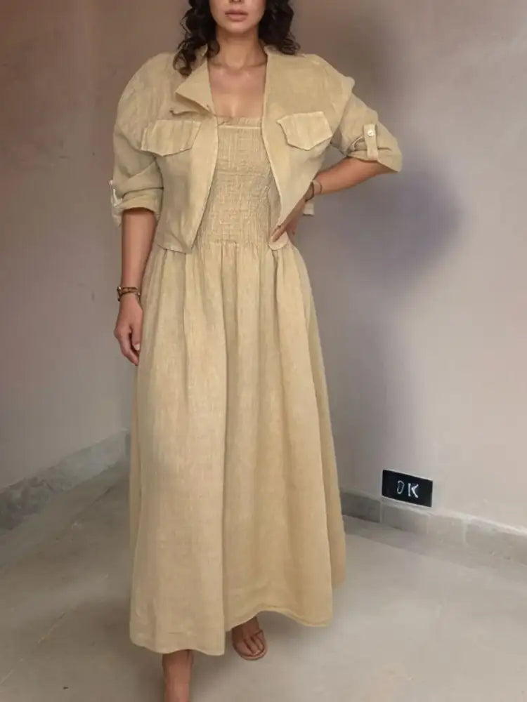 Full Size Smocked Cami Dress and Jacket Set Plus