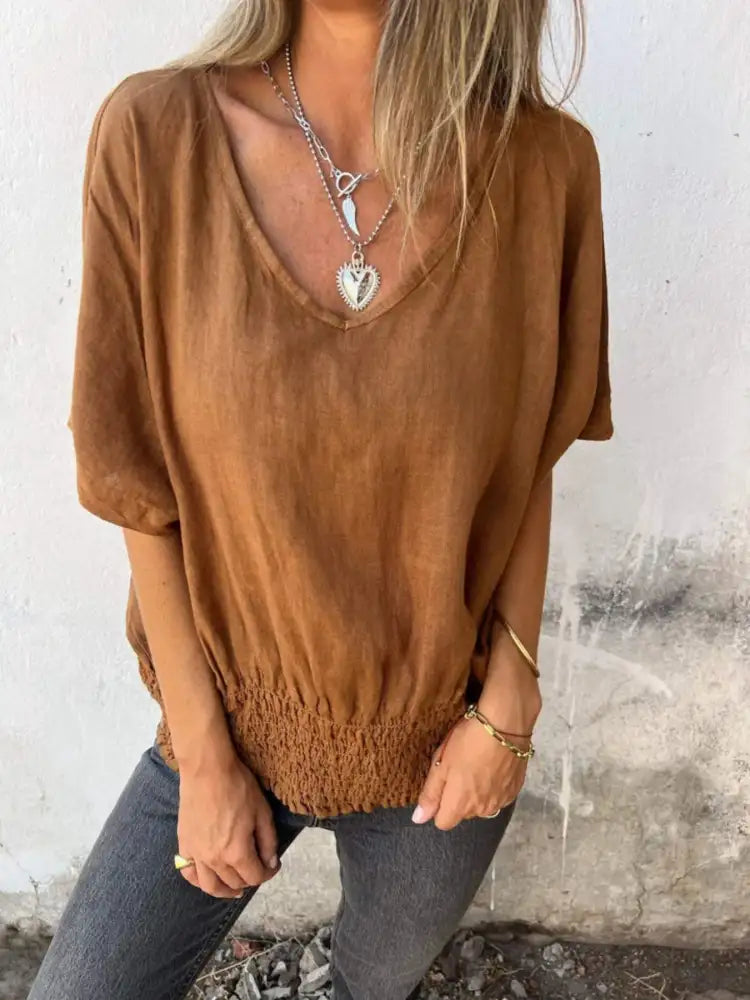Full Size Smocked Hem V-Neck Relaxed Fit T-Shirt Plus