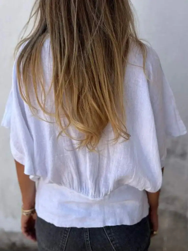 Full Size Smocked Hem V-Neck Relaxed Fit T-Shirt Plus