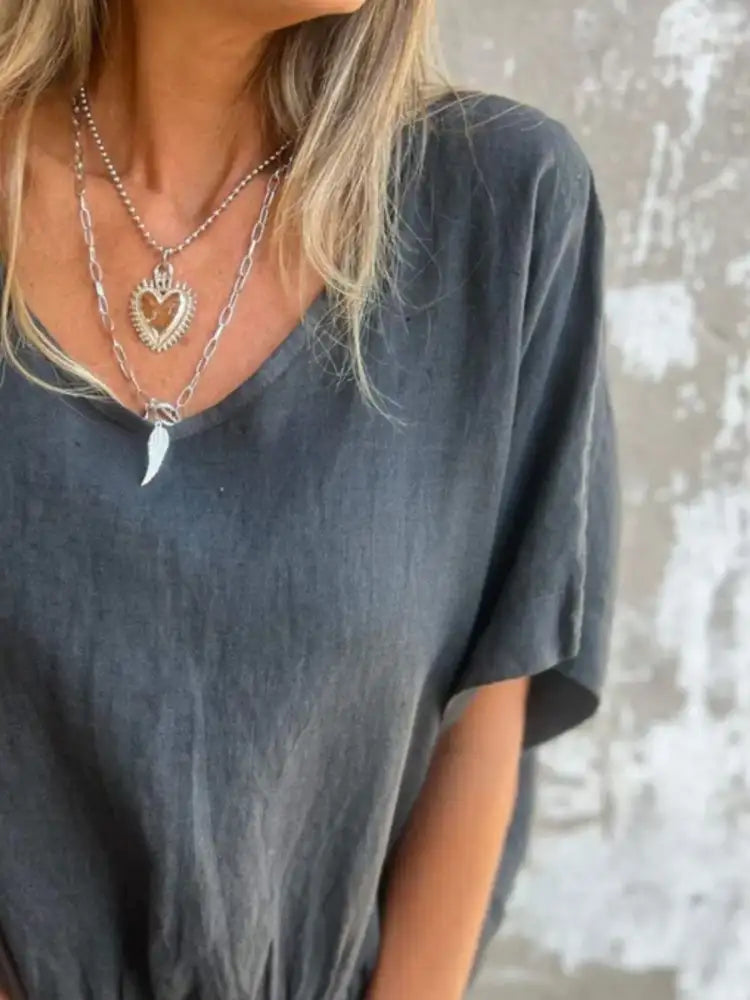 Full Size Smocked Hem V-Neck Relaxed Fit T-Shirt Plus