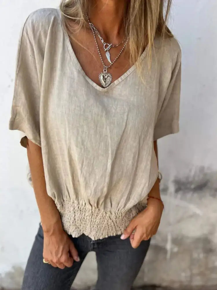 Full Size Smocked Hem V-Neck Relaxed Fit T-Shirt Plus