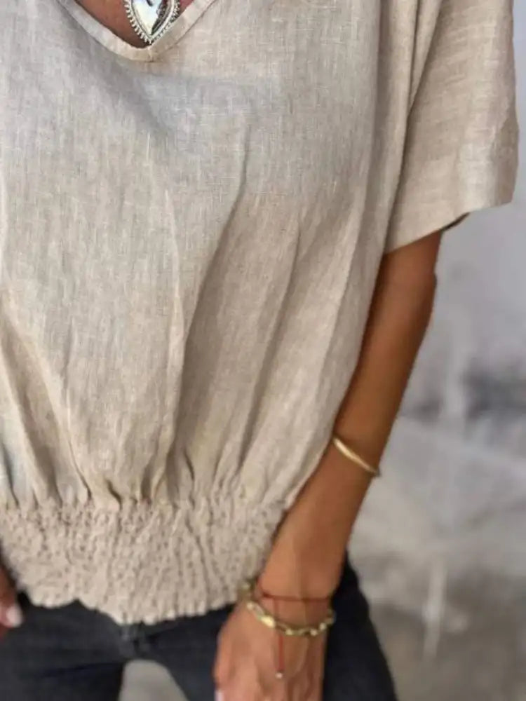 Full Size Smocked Hem V-Neck Relaxed Fit T-Shirt Plus