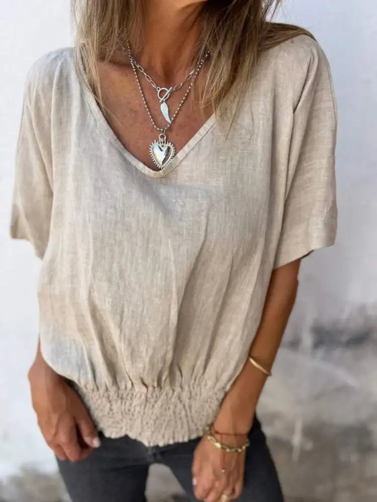 Full Size Smocked Hem V-Neck Relaxed Fit T-Shirt Plus