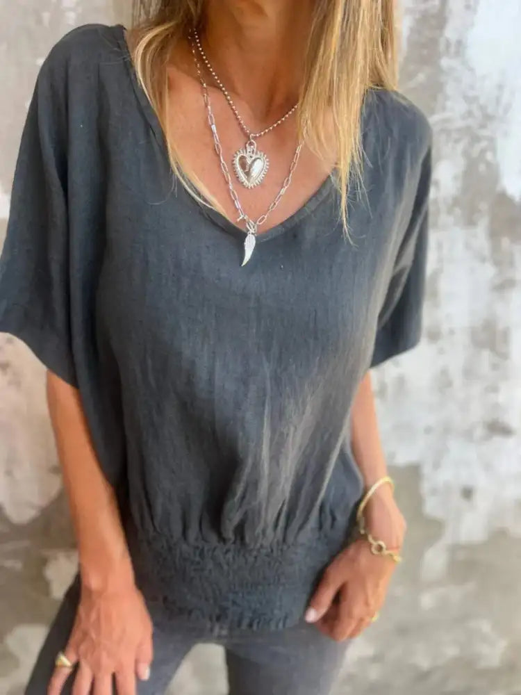 Full Size Smocked Hem V-Neck Relaxed Fit T-Shirt Plus