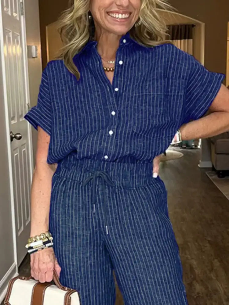 Full Size Striped Button-Up Shirt and Wide Leg Pants Casual Set Plus