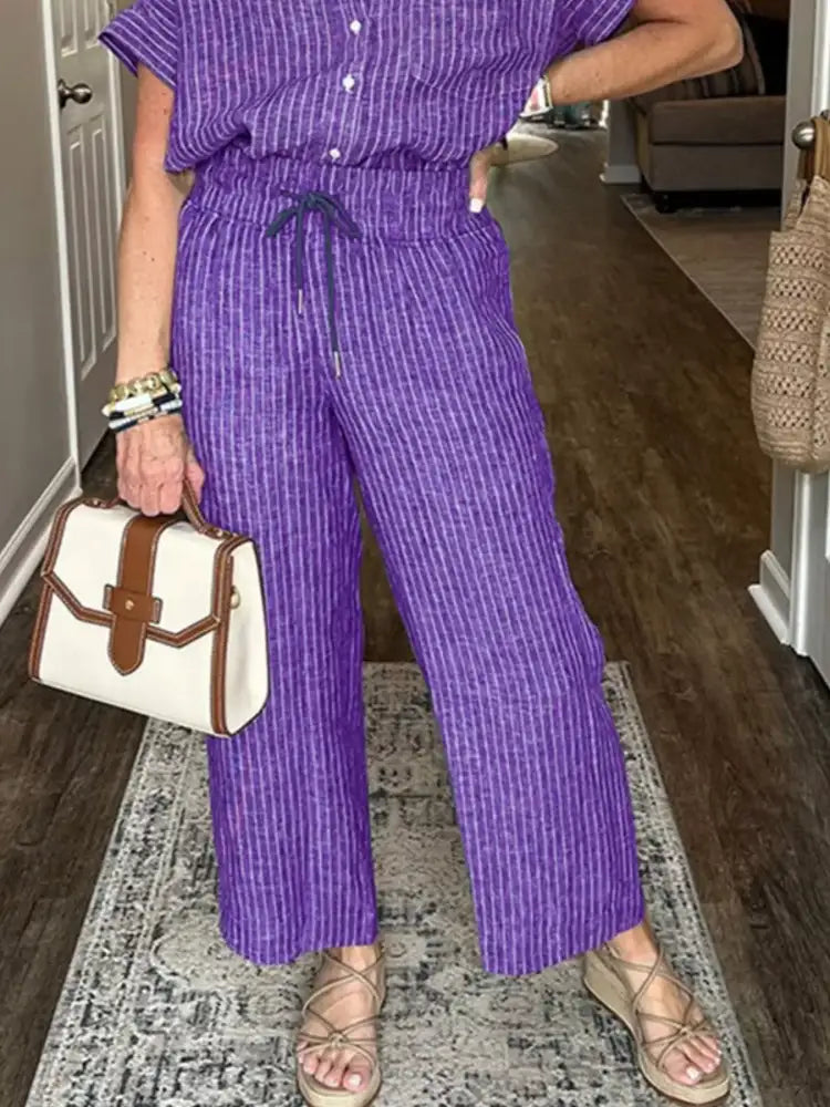 Full Size Striped Button-Up Shirt and Wide Leg Pants Casual Set Plus
