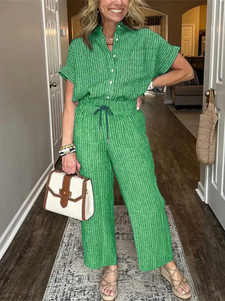 Full Size Striped Button-Up Shirt and Wide Leg Pants Casual Set Plus