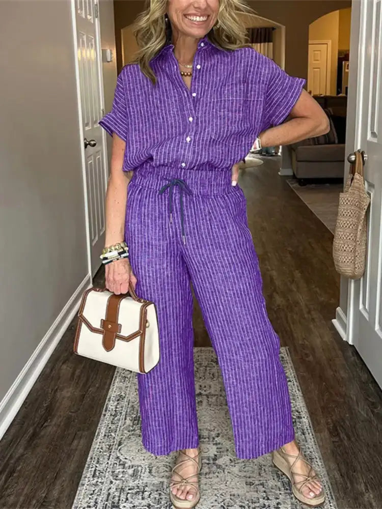 Full Size Striped Button-Up Shirt and Wide Leg Pants Casual Set Plus