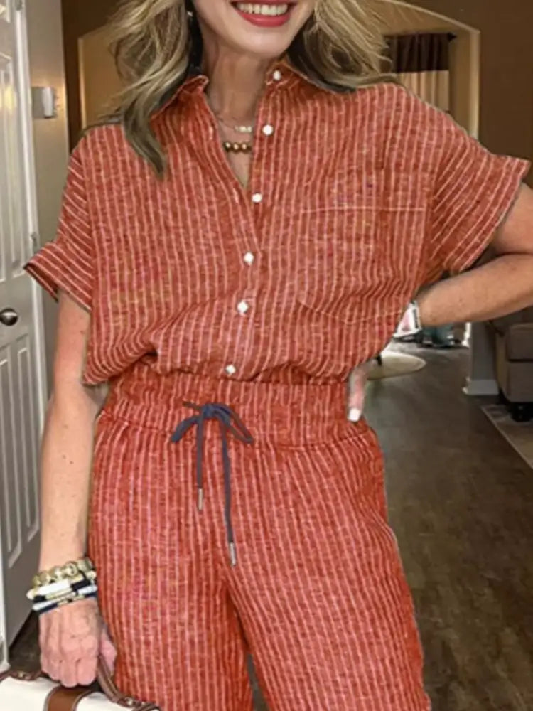 Full Size Striped Button-Up Shirt and Wide Leg Pants Casual Set Plus