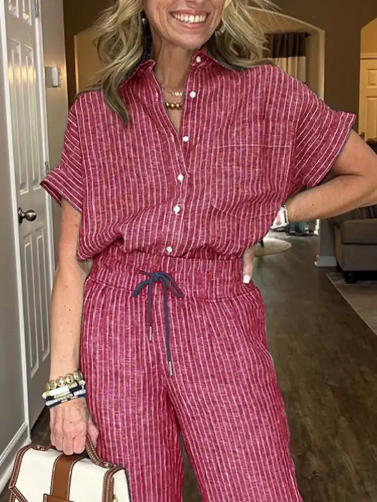 Full Size Striped Button-Up Shirt and Wide Leg Pants Casual Set Plus