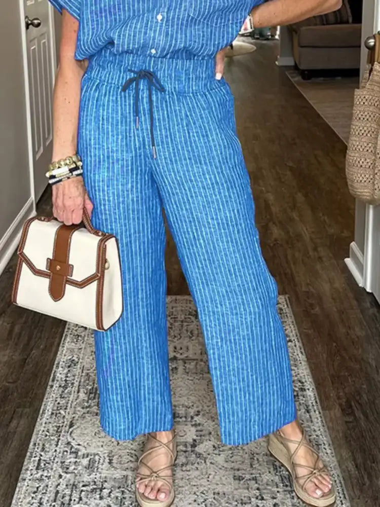 Full Size Striped Button-Up Shirt and Wide Leg Pants Casual Set Plus