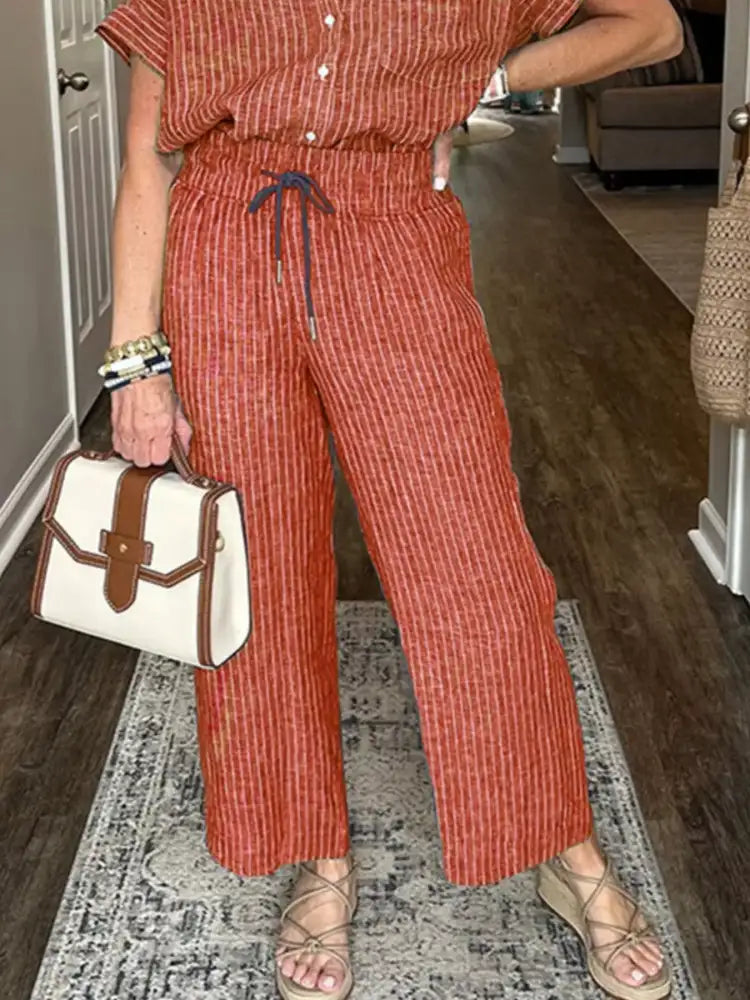 Full Size Striped Button-Up Shirt and Wide Leg Pants Casual Set Plus