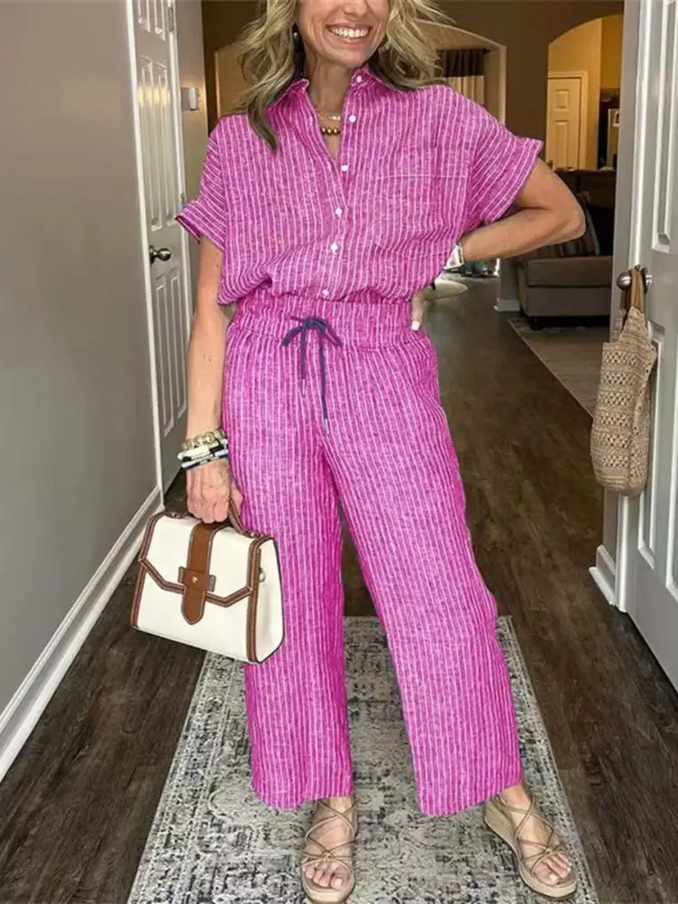 Full Size Striped Button-Up Shirt and Wide Leg Pants Casual Set Plus