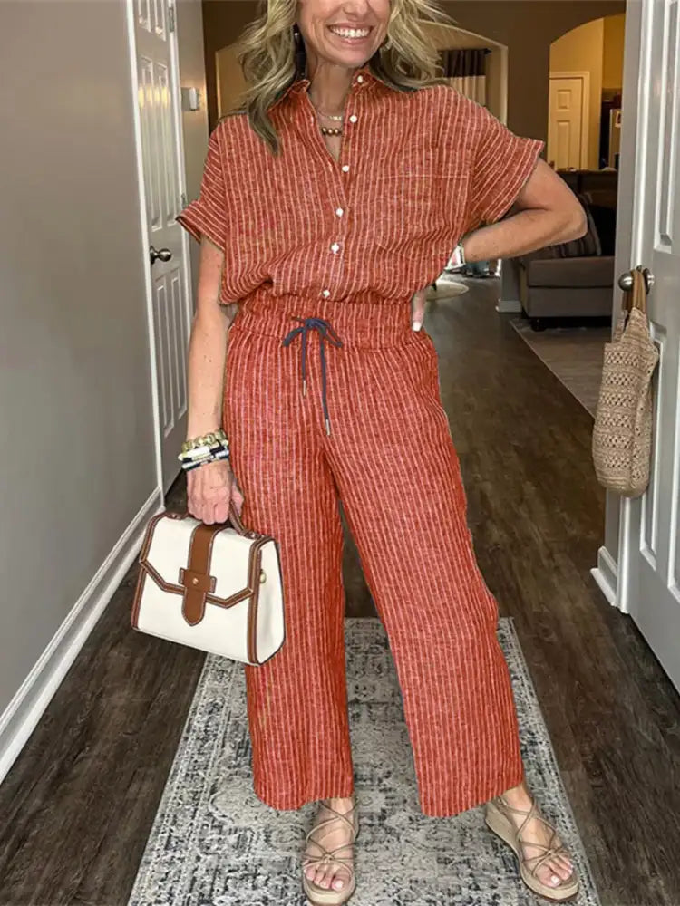 Full Size Striped Button-Up Shirt and Wide Leg Pants Casual Set Plus