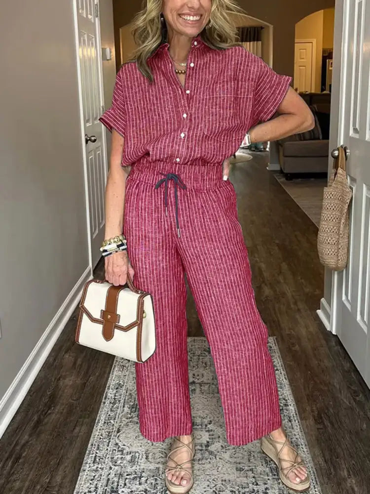 Full Size Striped Button-Up Shirt and Wide Leg Pants Casual Set Plus