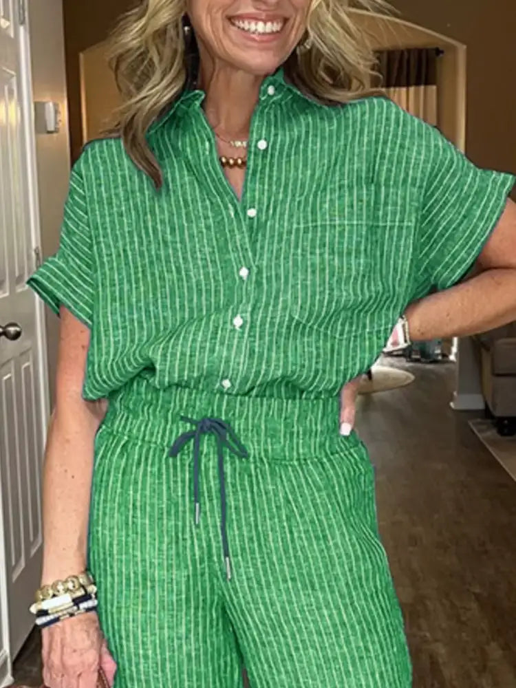 Full Size Striped Button-Up Shirt and Wide Leg Pants Casual Set Plus