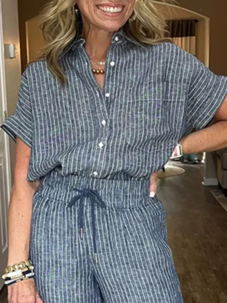 Full Size Striped Button-Up Shirt and Wide Leg Pants Casual Set Plus