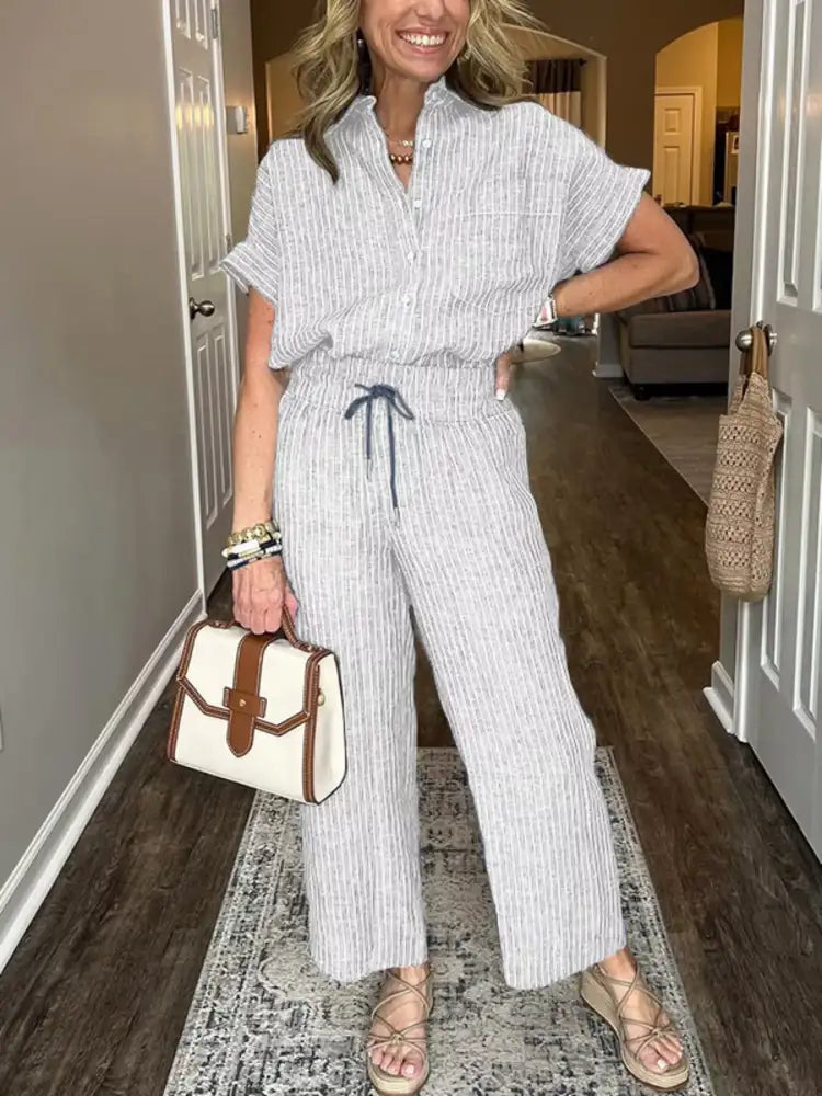 Full Size Striped Button-Up Shirt and Wide Leg Pants Casual Set Plus