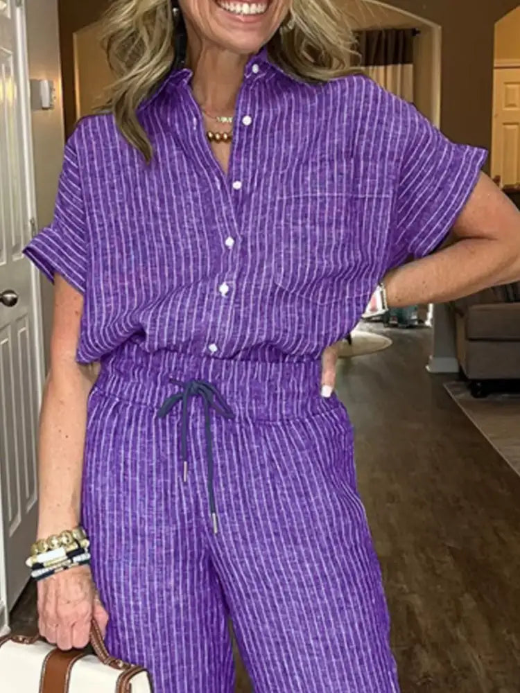 Full Size Striped Button-Up Shirt and Wide Leg Pants Casual Set Plus