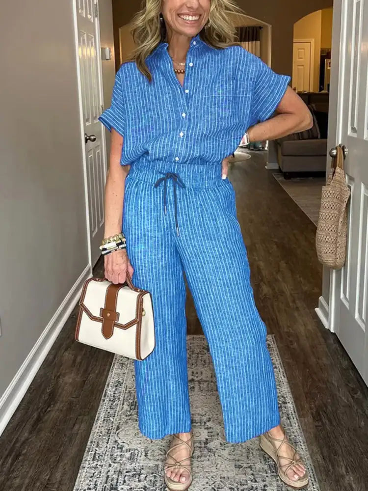 Full Size Striped Button-Up Shirt and Wide Leg Pants Casual Set Plus