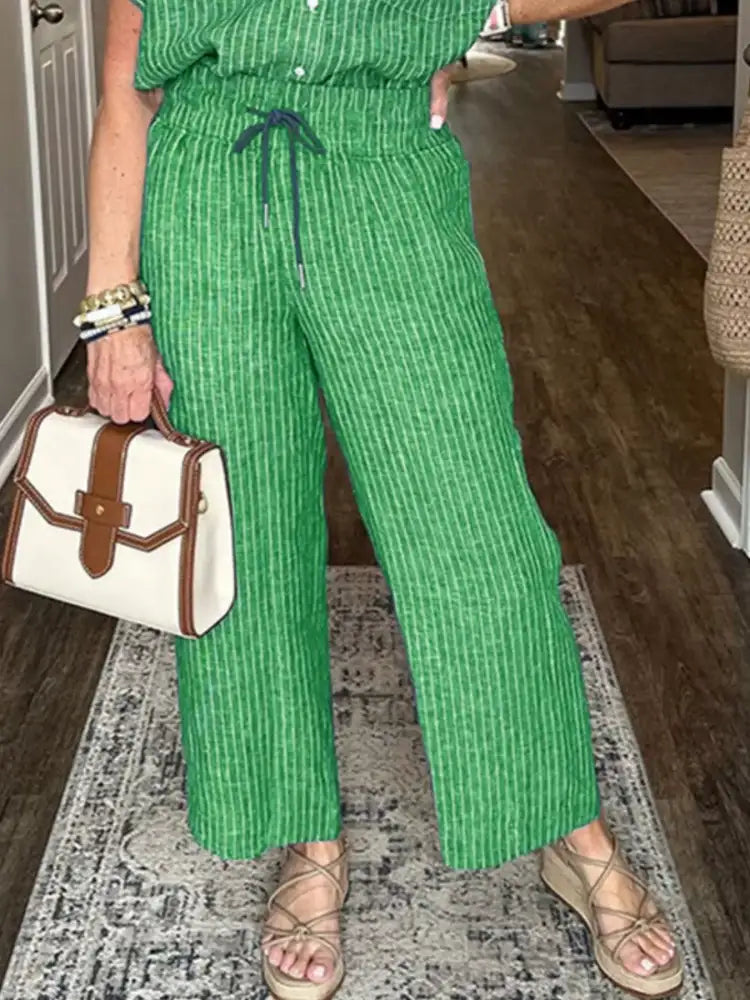 Full Size Striped Button-Up Shirt and Wide Leg Pants Casual Set Plus