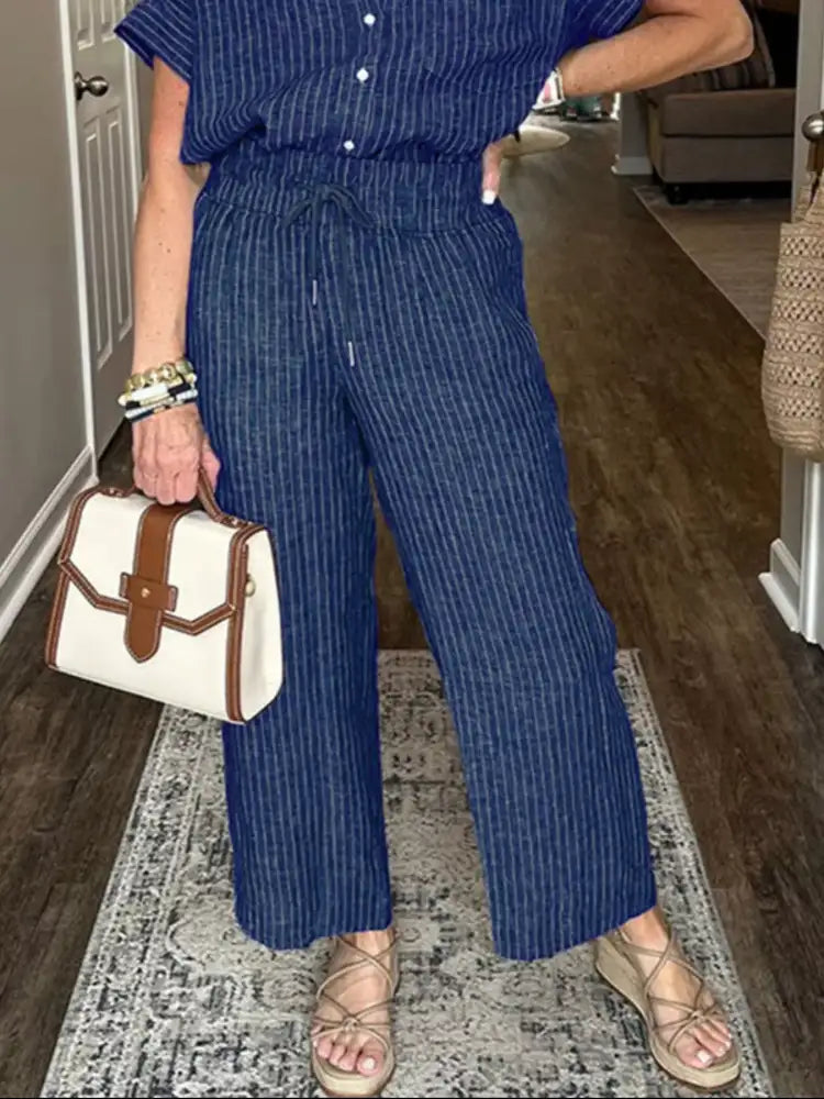 Full Size Striped Button-Up Shirt and Wide Leg Pants Casual Set Plus