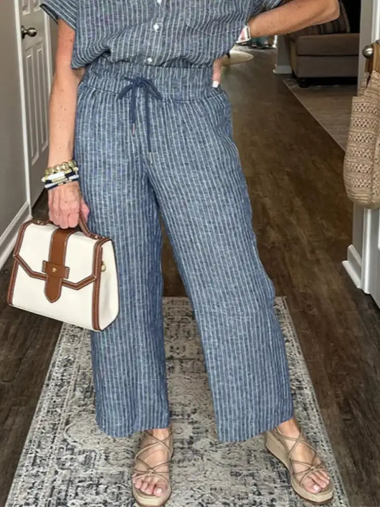Full Size Striped Button-Up Shirt and Wide Leg Pants Casual Set Plus