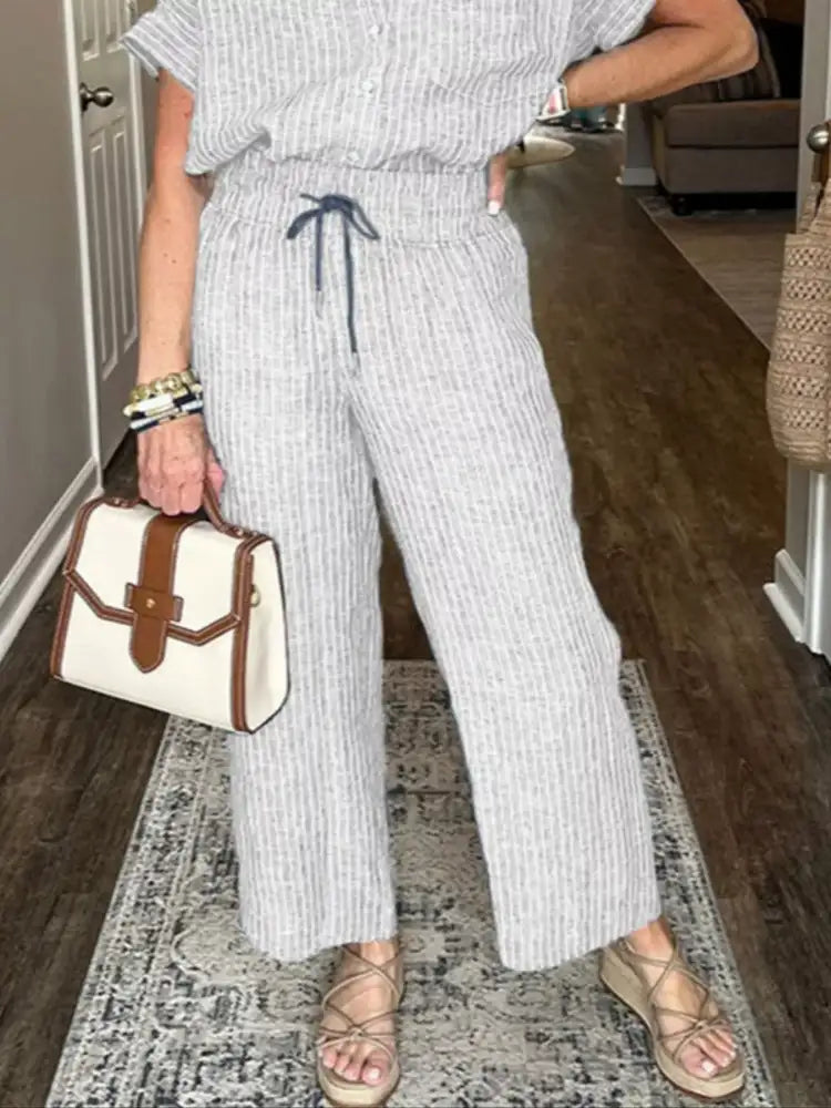 Full Size Striped Button-Up Shirt and Wide Leg Pants Casual Set Plus