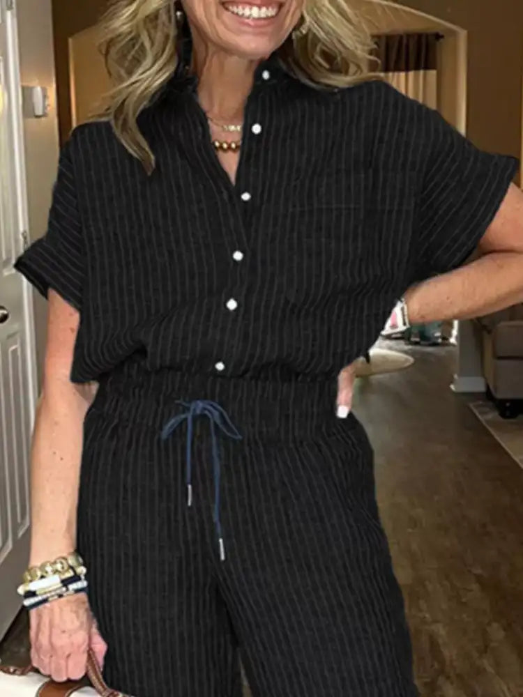 Full Size Striped Button-Up Shirt and Wide Leg Pants Casual Set Plus