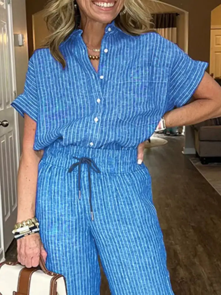 Full Size Striped Button-Up Shirt and Wide Leg Pants Casual Set Plus