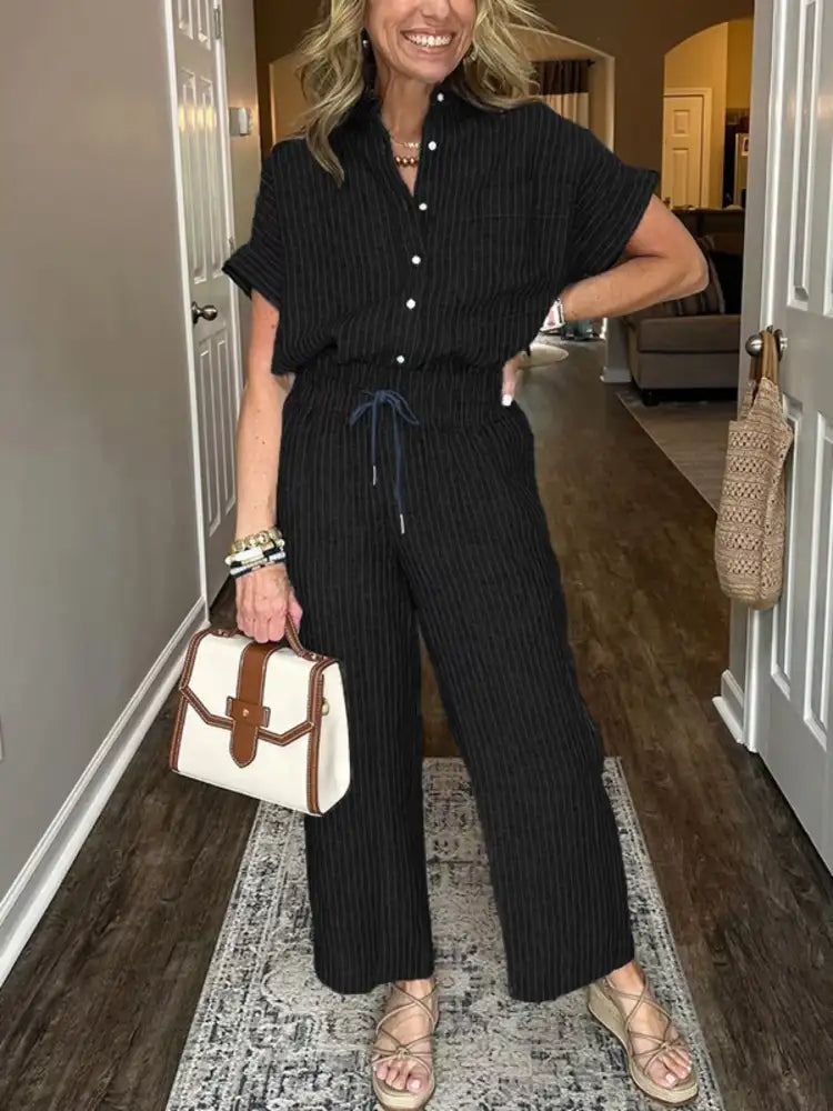 Full Size Striped Button-Up Shirt and Wide Leg Pants Casual Set Plus