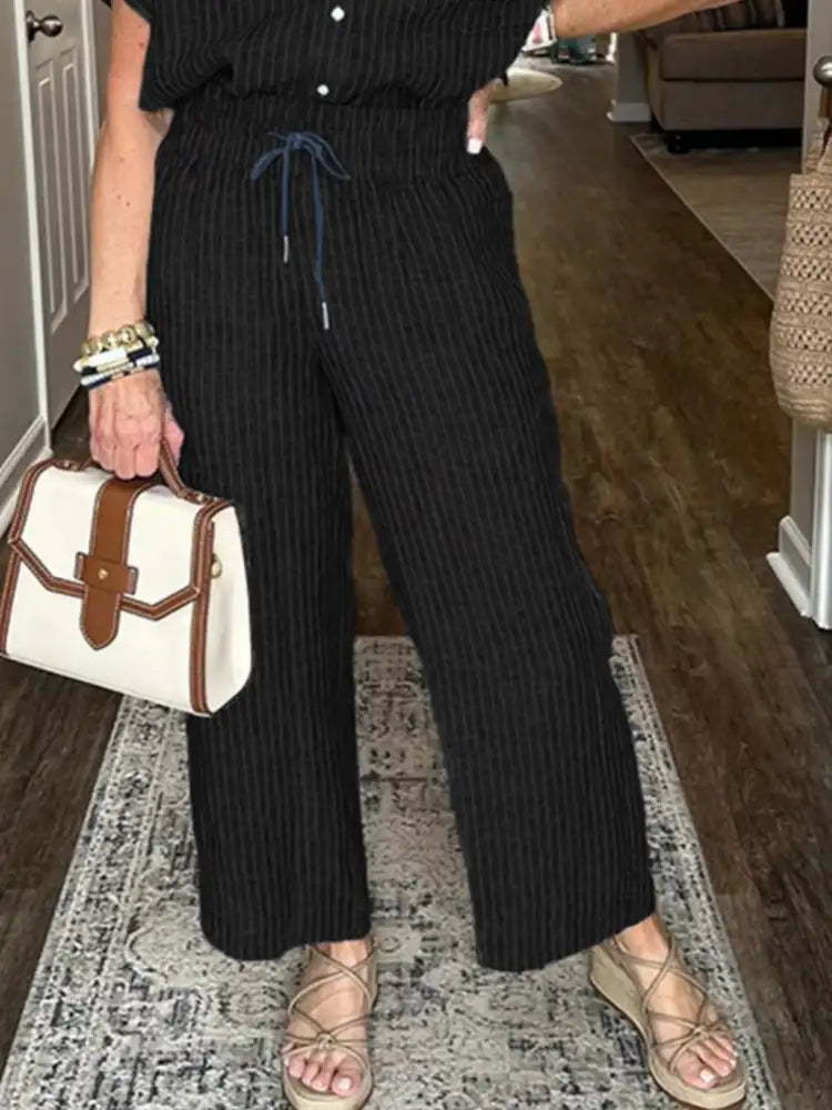 Full Size Striped Button-Up Shirt and Wide Leg Pants Casual Set Plus