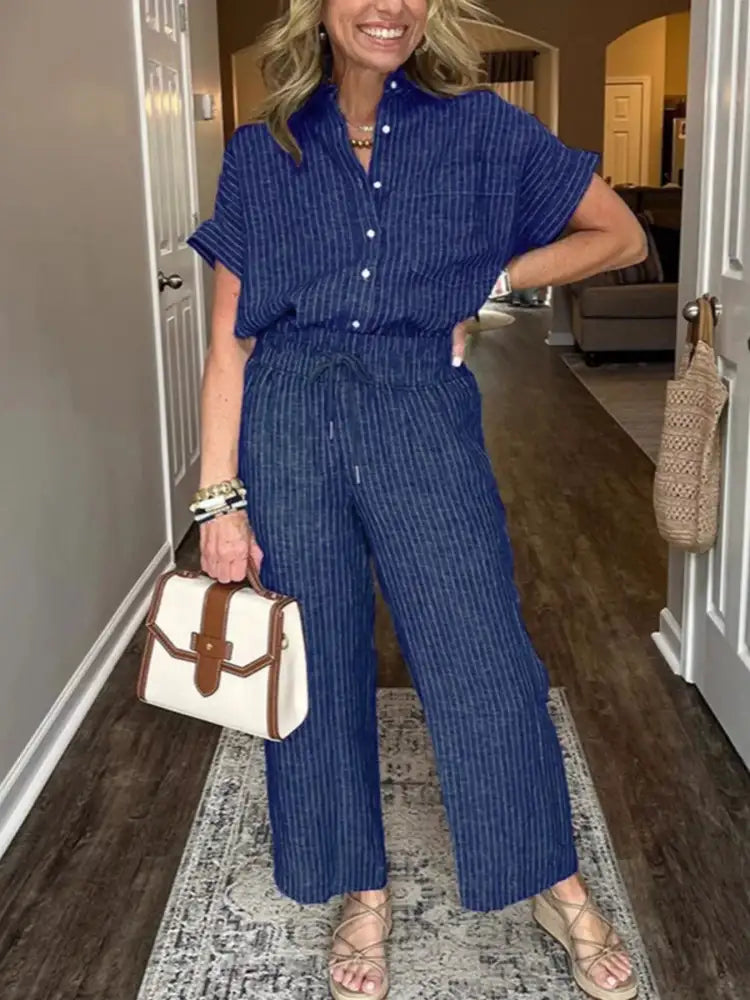 Full Size Striped Button-Up Shirt and Wide Leg Pants Casual Set Plus