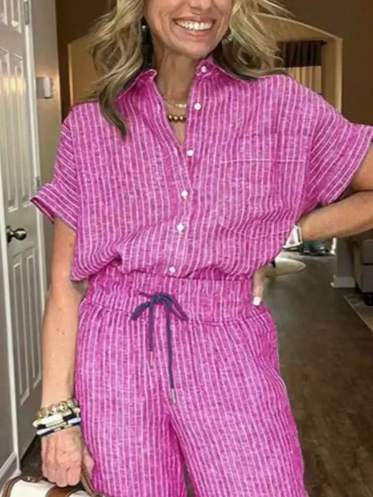 Full Size Striped Button-Up Shirt and Wide Leg Pants Casual Set Plus