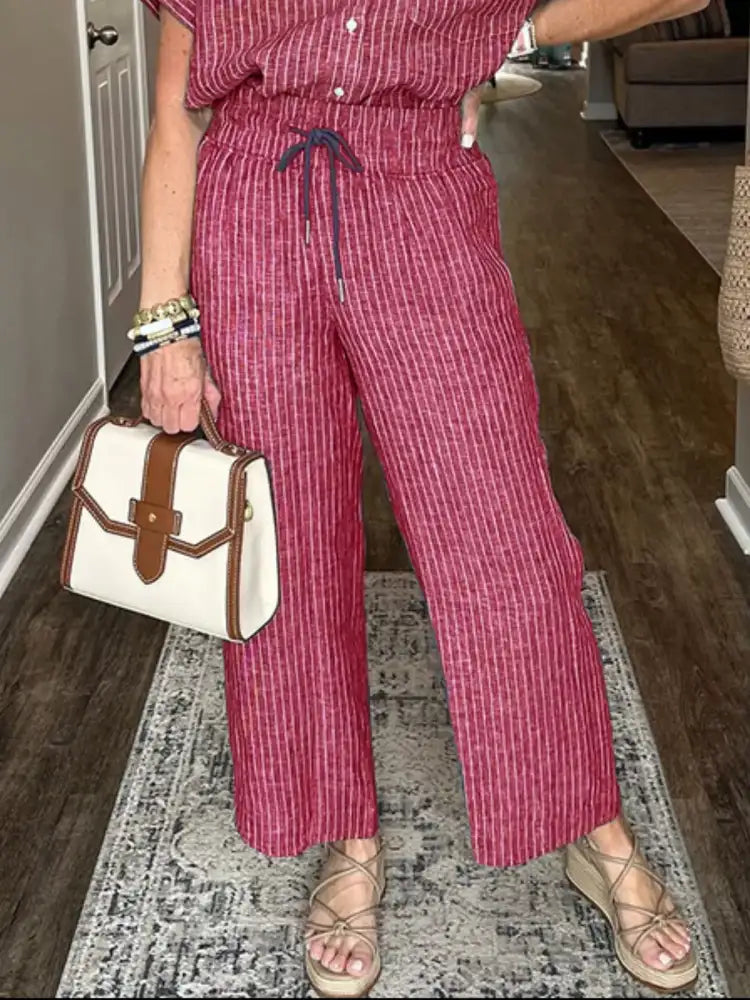 Full Size Striped Button-Up Shirt and Wide Leg Pants Casual Set Plus