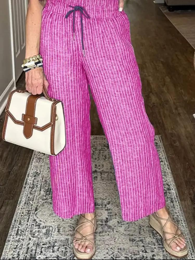 Full Size Striped Button-Up Shirt and Wide Leg Pants Casual Set Plus