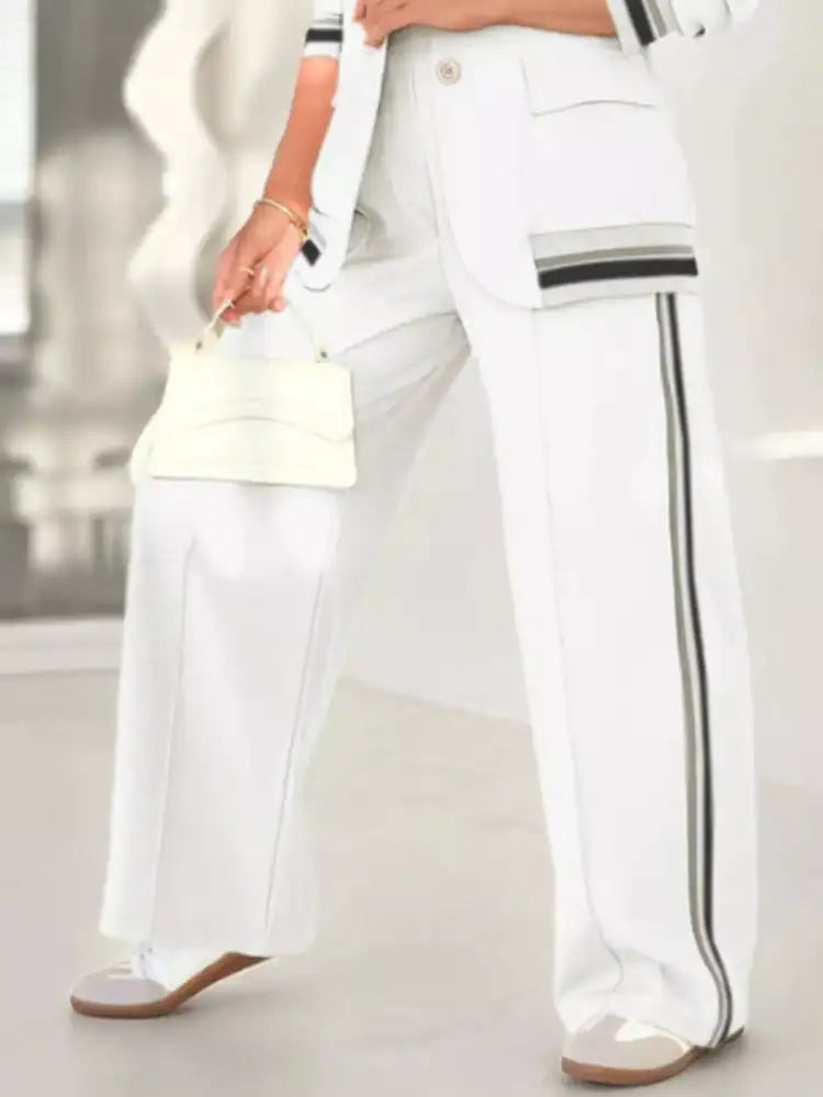 Full Size Striped Trim Button Down Jacket and Pants Set Plus