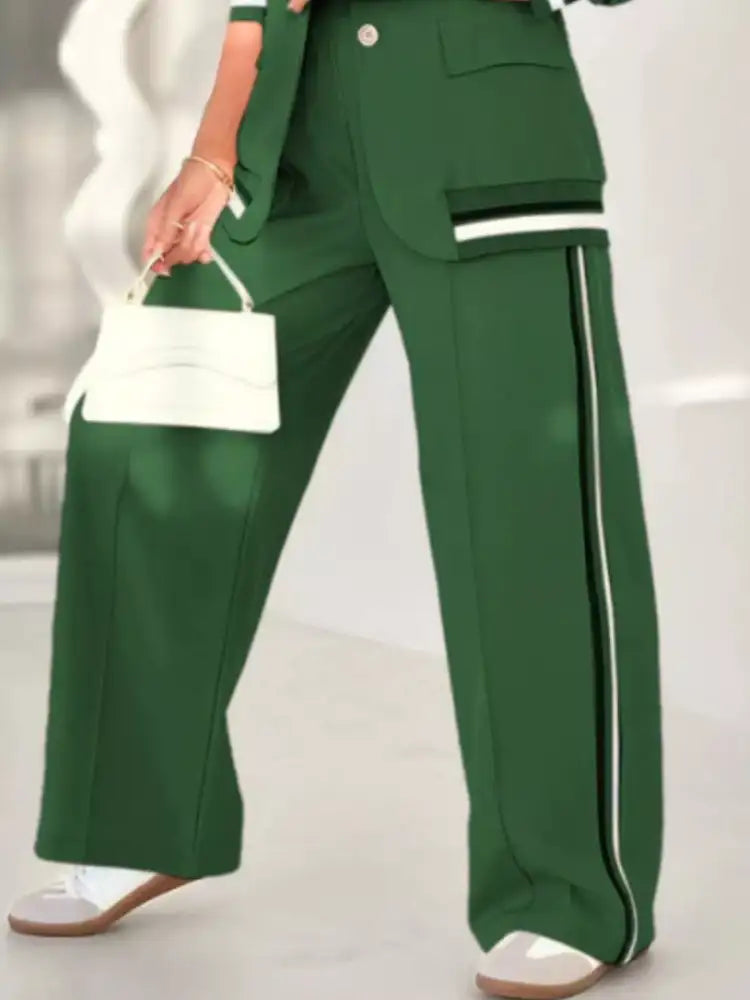 Full Size Striped Trim Button Down Jacket and Pants Set Plus