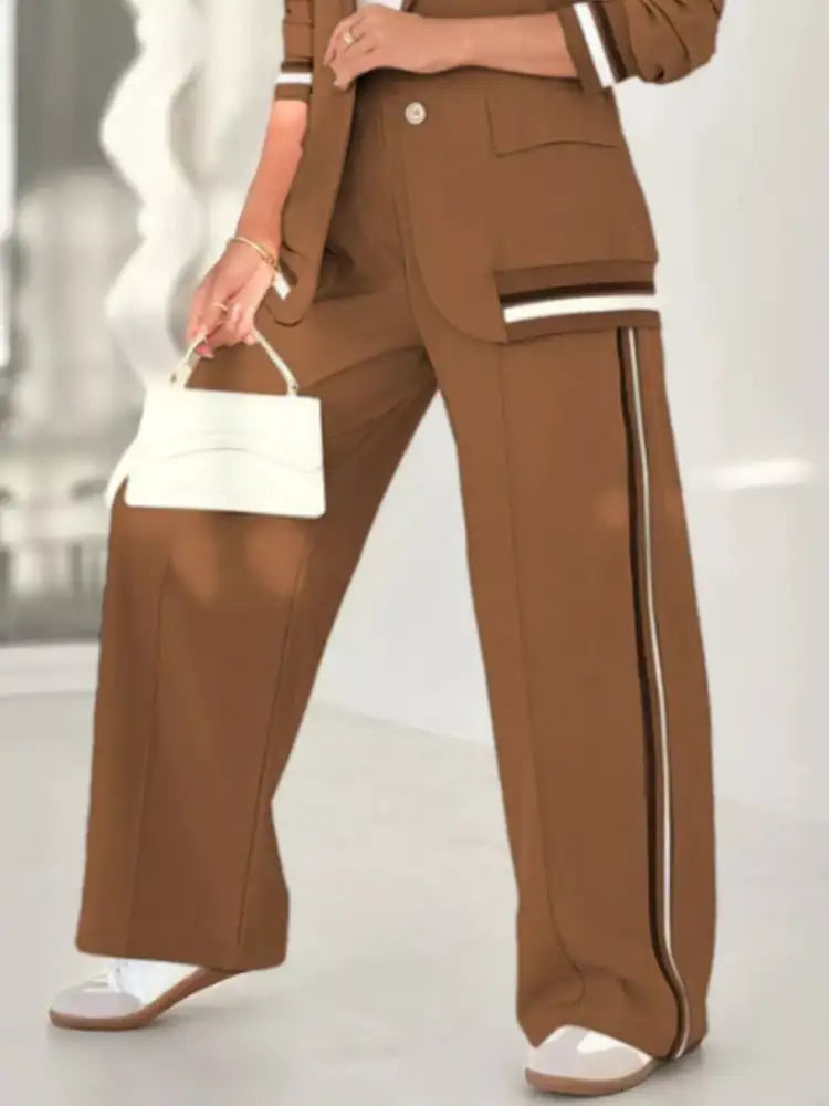 Full Size Striped Trim Button Down Jacket and Pants Set Plus