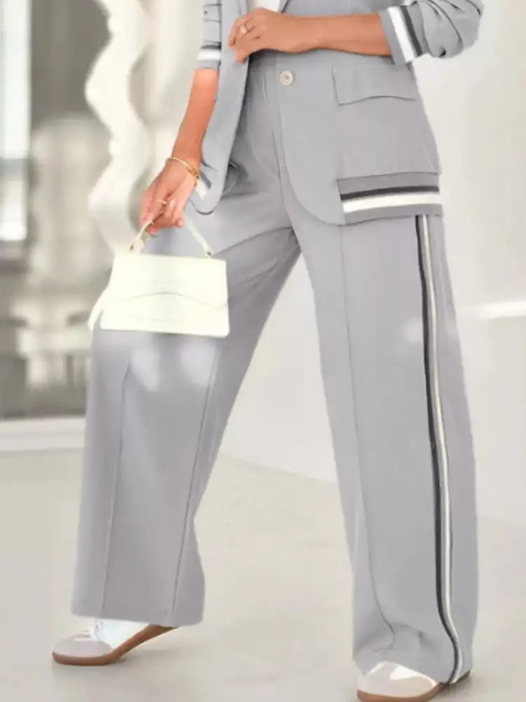 Full Size Striped Trim Button Down Jacket and Pants Set Plus