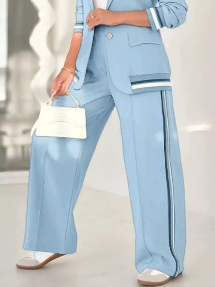 Full Size Striped Trim Button Down Jacket and Pants Set Plus