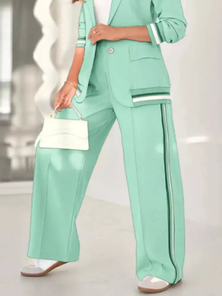 Full Size Striped Trim Button Down Jacket and Pants Set Plus