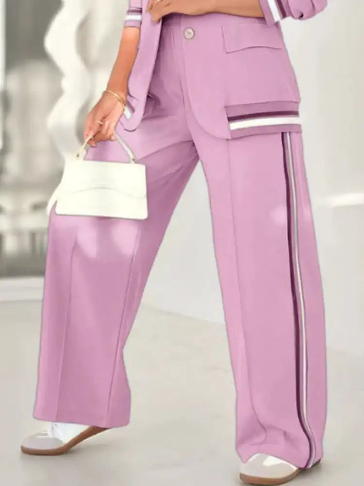 Full Size Striped Trim Button Down Jacket and Pants Set Plus