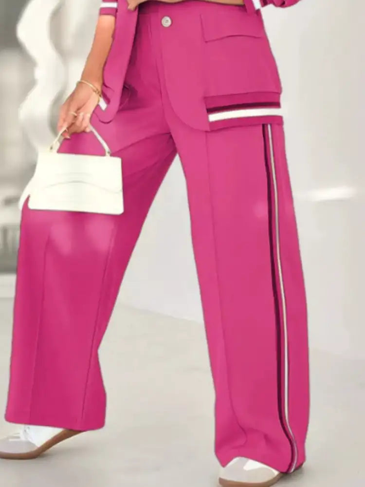 Full Size Striped Trim Button Down Jacket and Pants Set Plus