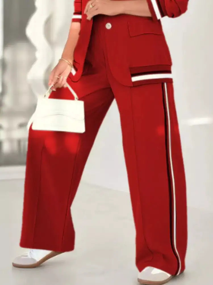 Full Size Striped Trim Button Down Jacket and Pants Set Plus