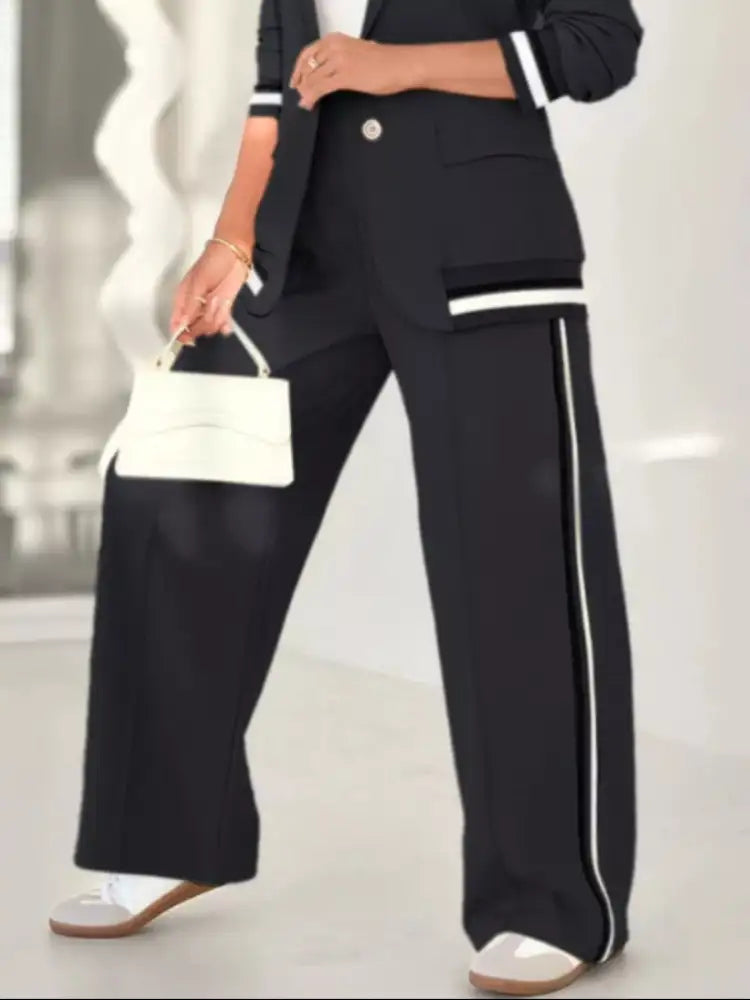 Full Size Striped Trim Button Down Jacket and Pants Set Plus