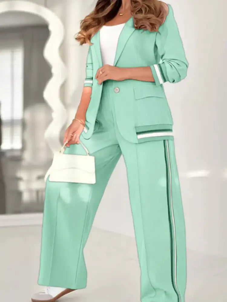 Full Size Striped Trim Button Down Jacket and Pants Set Plus