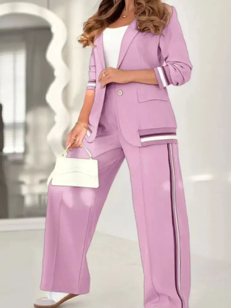 Full Size Striped Trim Button Down Jacket and Pants Set Plus