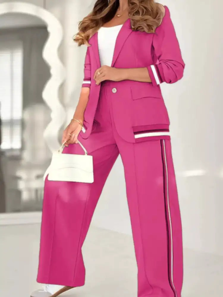 Full Size Striped Trim Button Down Jacket and Pants Set Plus